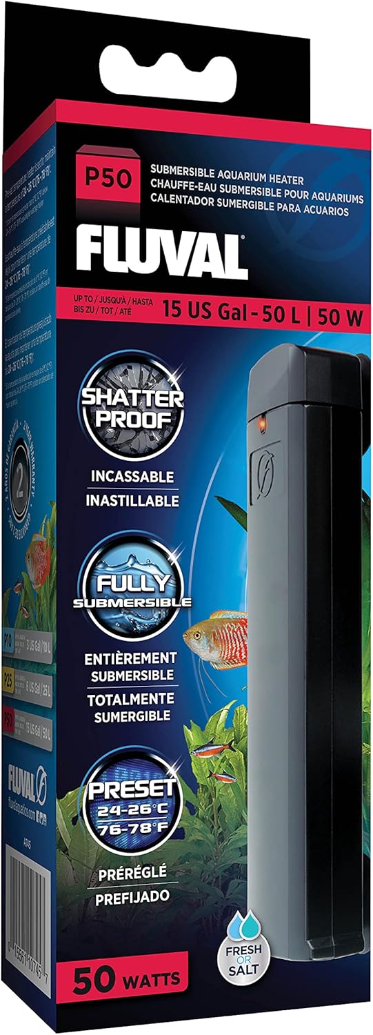 Fluval P25 Submersible Aquarium Heater front view with shatterproof polymer casing