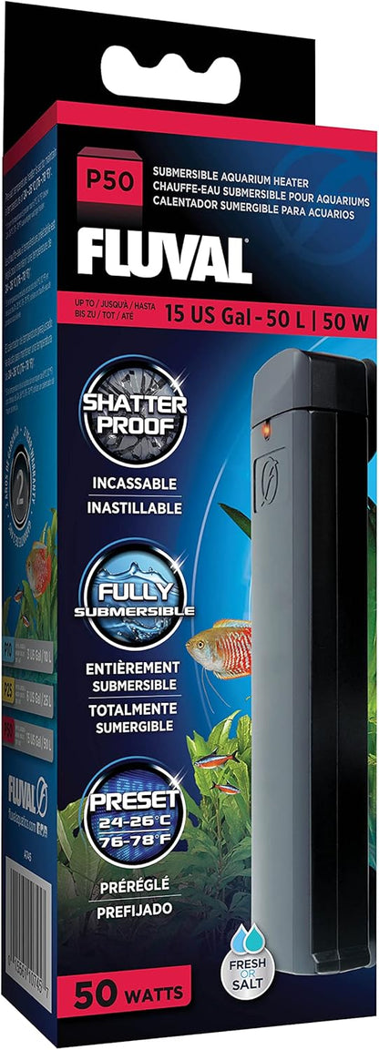 Fluval P25 25W heater showing LED indicator light for nano tanks