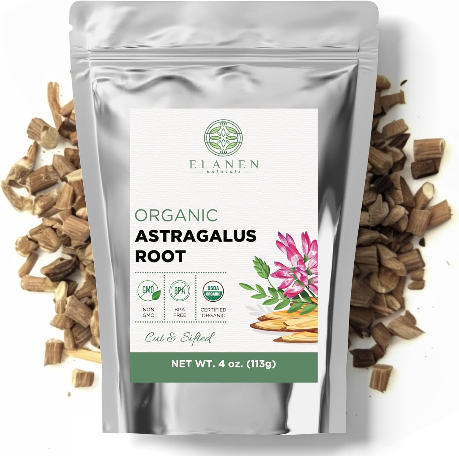 Elanen Naturals Organic Astragalus Root front view of packaging for immune support tea.
