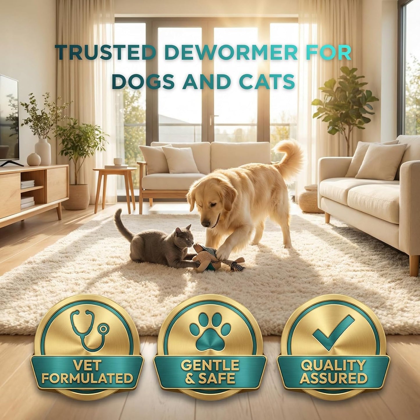 Petcci gentle oral deworming suspension next to a puppy and kitten