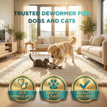 Petcci gentle oral deworming suspension next to a puppy and kitten