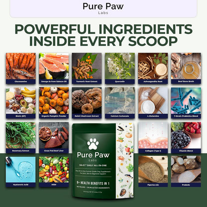 Back of Pure Paw Labs DA-1 packaging illustrating the full nutritional profile and certified ingredient list.