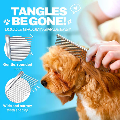 The Doodle Brush metal pet comb for detangling curly Poodle and Goldendoodle hair coats.