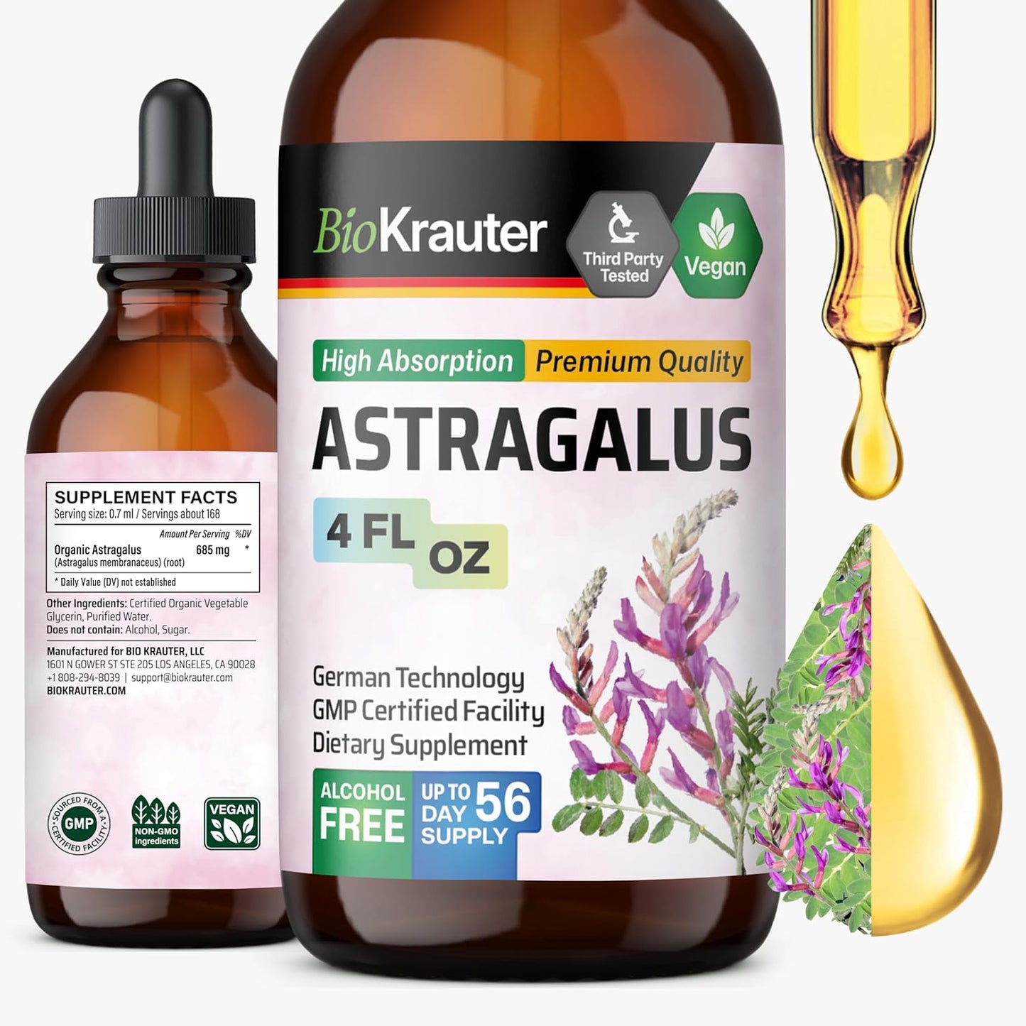 Bio Krauter Astragalus Tincture front view of the four ounce dropper bottle for immune support