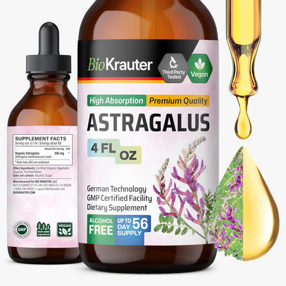 Bio Krauter Astragalus Tincture front view of the four ounce dropper bottle for immune support