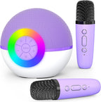 Mgaolo mini karaoke machine purple front view showing spherical bluetooth speaker and two wireless microphones