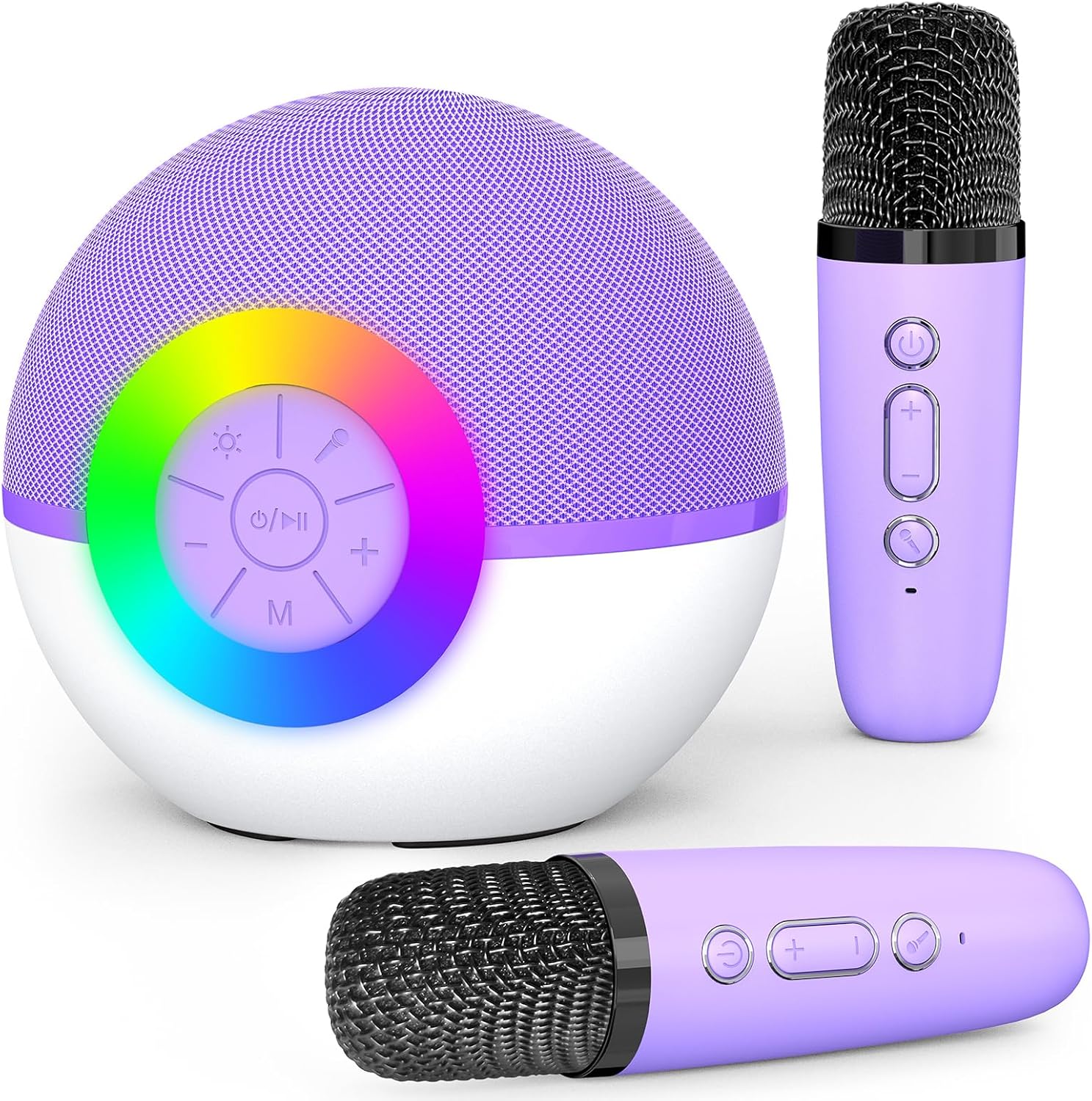 Mgaolo mini karaoke machine purple front view showing spherical bluetooth speaker and two wireless microphones