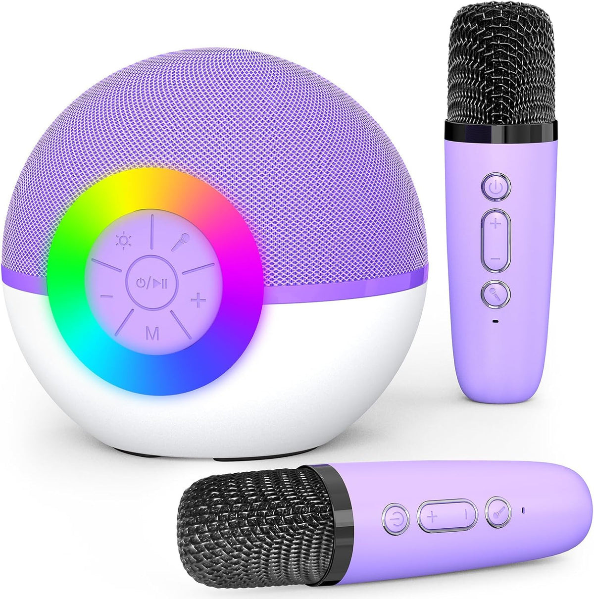 Mgaolo mini karaoke machine purple front view showing spherical bluetooth speaker and two wireless microphones