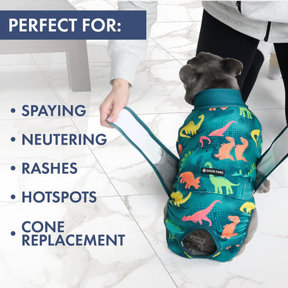 Spark Paws recovery suit showing 4-way stretch fabric detail