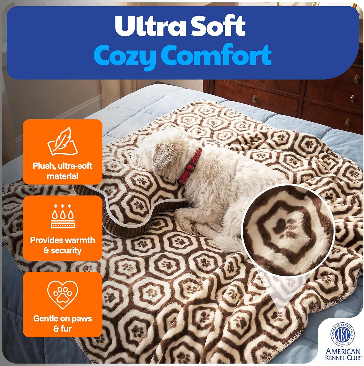 Reversible brown paw print dog blanket folded neatly next to the matching bone shaped plush pillow
