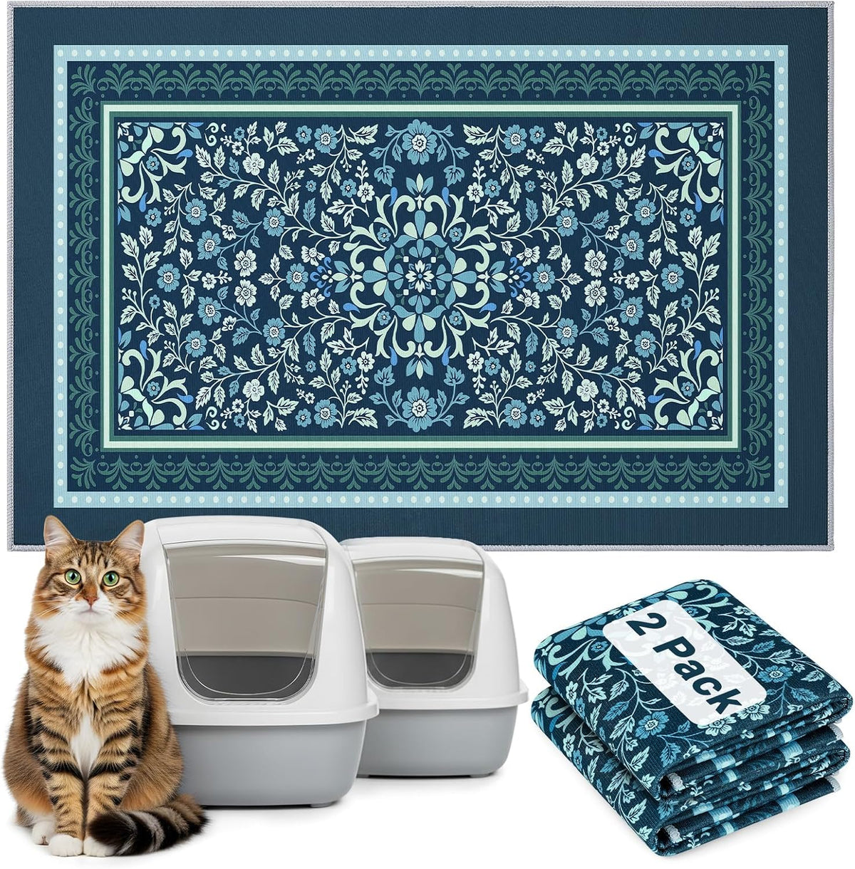 Bienbee Cat Litter Mat, 2PCS 33"x22" Machine Washable Litters Box Mats Non-Slip &Waterproof Cat Litters Trapping Mats Easy to Clean Mat for Litter Box Less Waste Protects Floors Dark Green L - Image 9