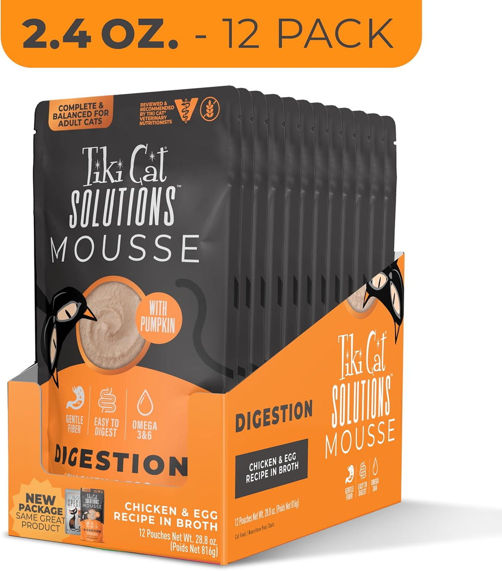 Imported Tiki Cat digestion mousse pack of twelve pouches ingredients side
