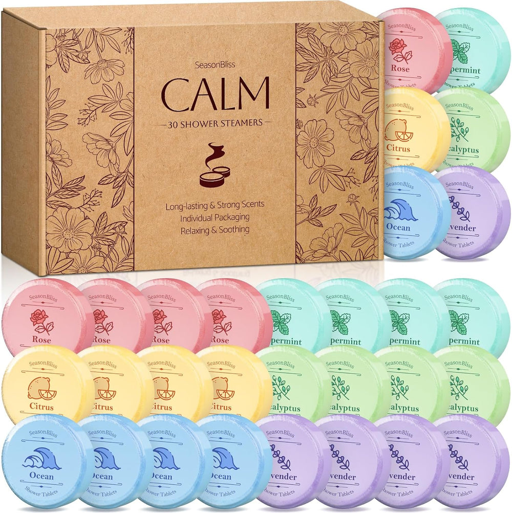 SeasonBliss shower steamers thirty count box front view showing individual aromatherapy tablets