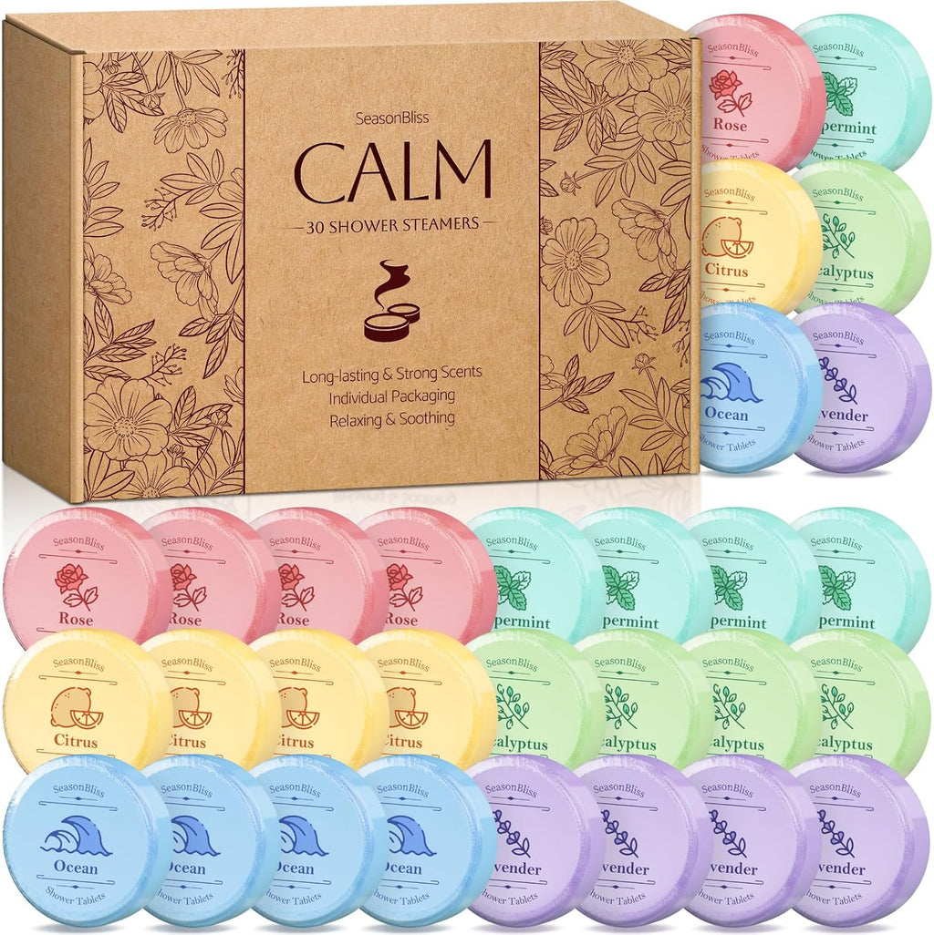 SeasonBliss shower steamers thirty count box front view showing individual aromatherapy tablets