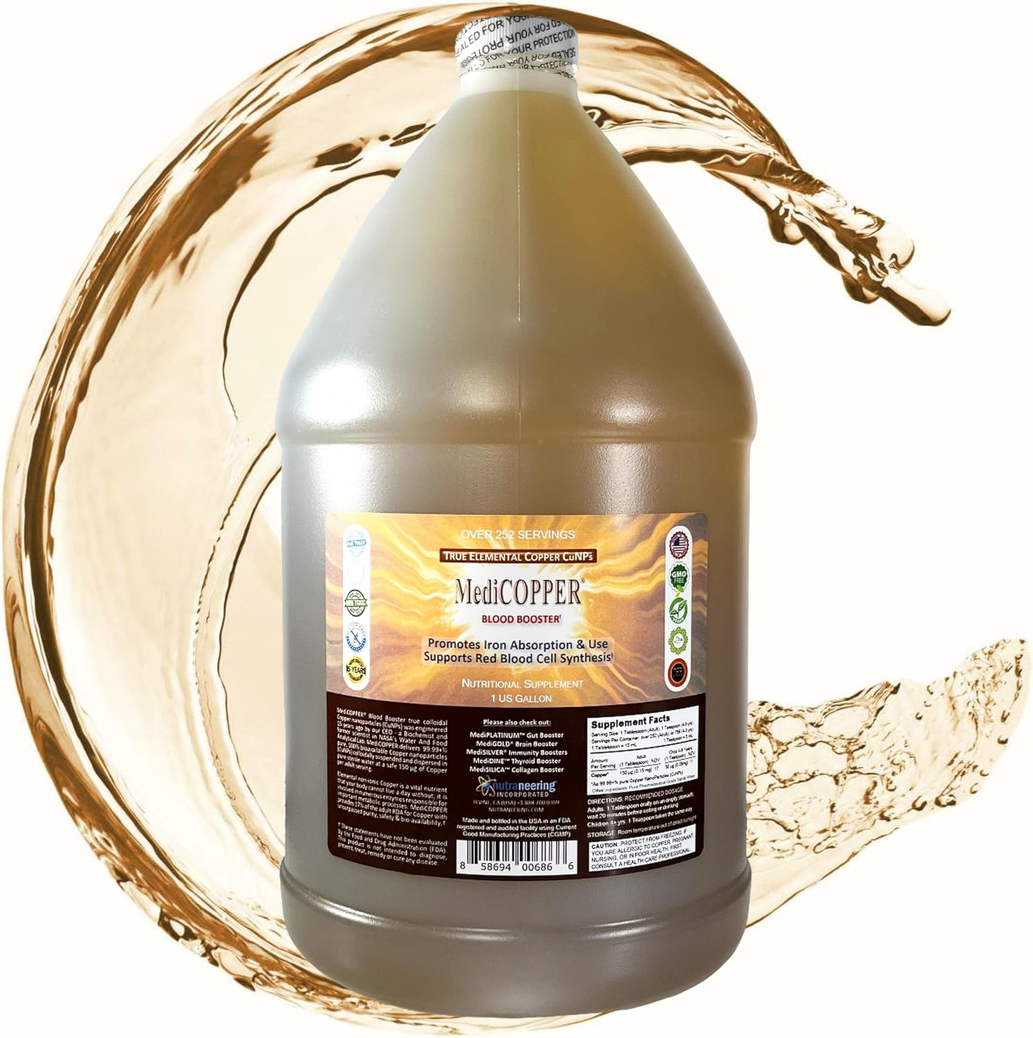 MediCOPPER True Colloidal Copper Liquid front view of one gallon opaque jug