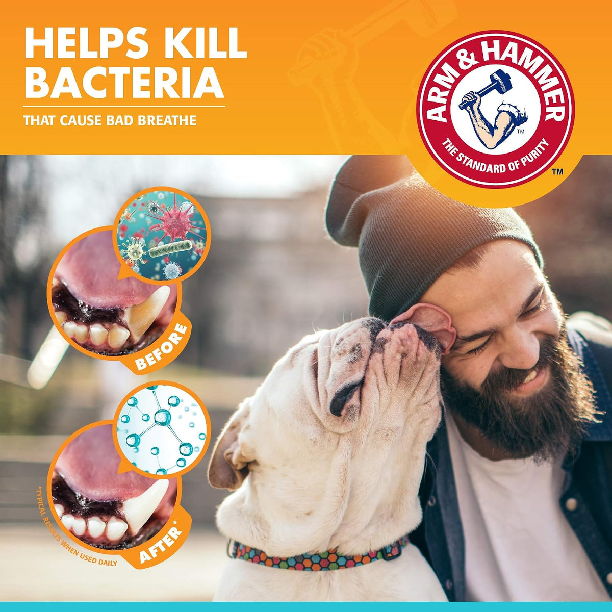 Dog receiving teeth cleaning with Arm and Hammer enzymatic toothpaste