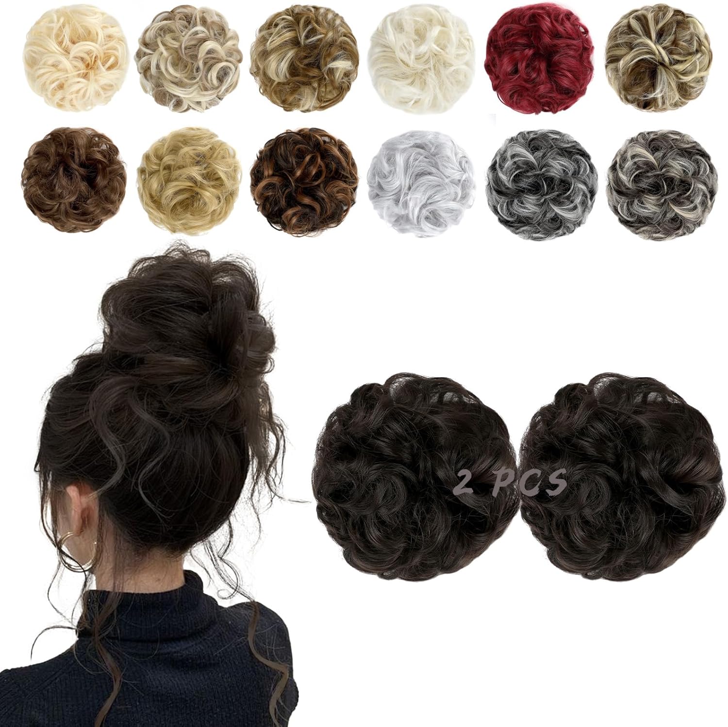 FeidyLong messy bun hair piece front view showcasing dark brown wavy synthetic hair extensions.