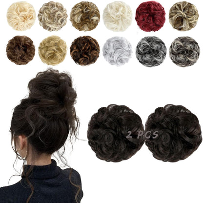 FeidyLong messy bun hair piece front view showcasing dark brown wavy synthetic hair extensions.