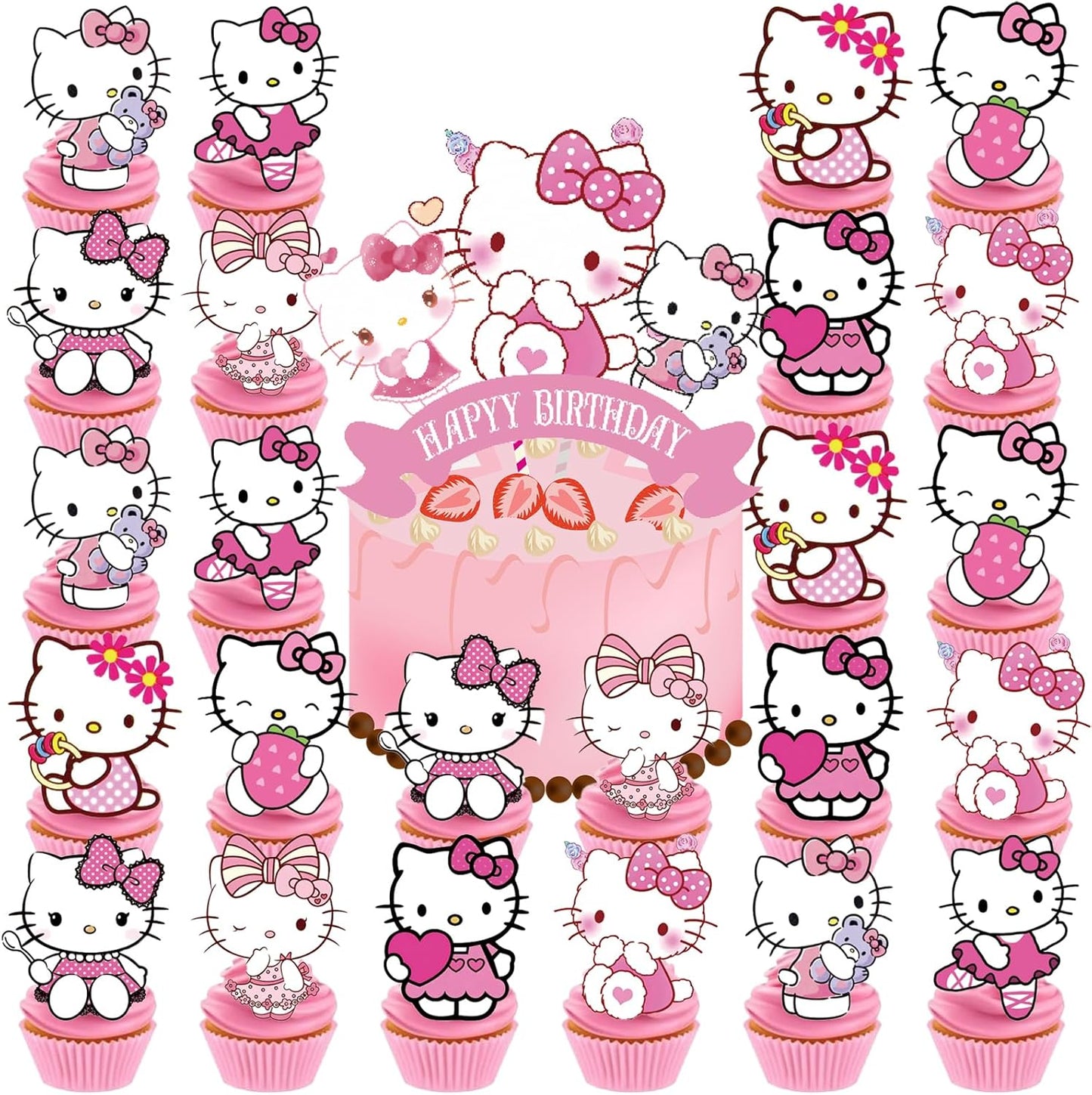Jlemon 25 pieces pink cat anime cupcake topper set with birthday cake decoration