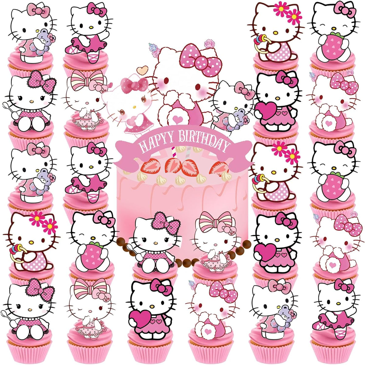 Jlemon 25 pieces pink cat anime cupcake topper set with birthday cake decoration