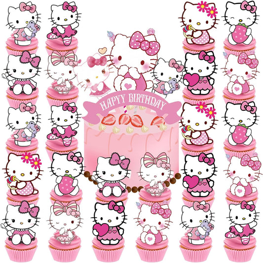 Jlemon 25 pieces pink cat anime cupcake topper set with birthday cake decoration