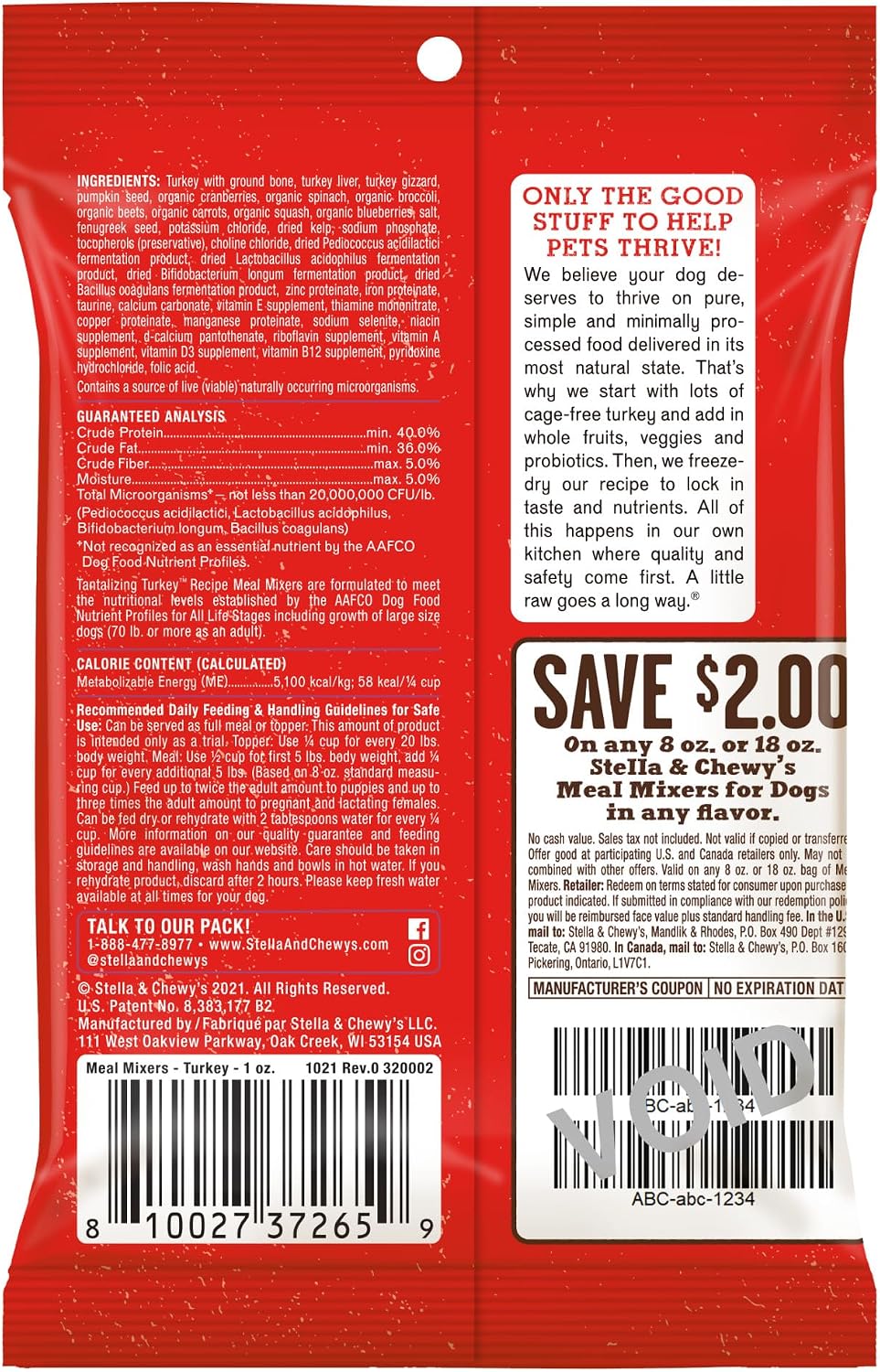 Stella and Chewy's tantalizing turkey freeze dried dog food mixer bag back showing ingredients list