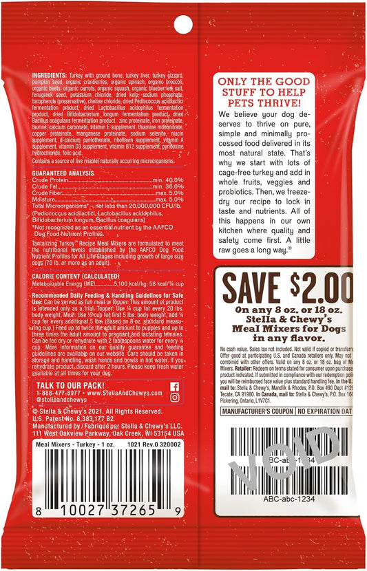 Stella and Chewy's tantalizing turkey freeze dried dog food mixer bag back showing ingredients list