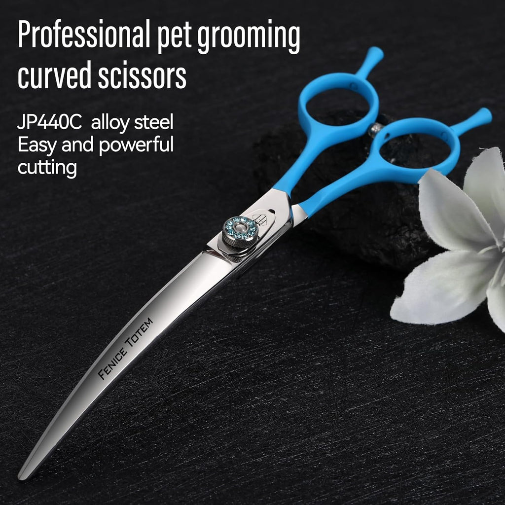 Fenice Totem 7.5-inch dog grooming shears close-up of the premium Japanese JP440C alloy steel blade.
