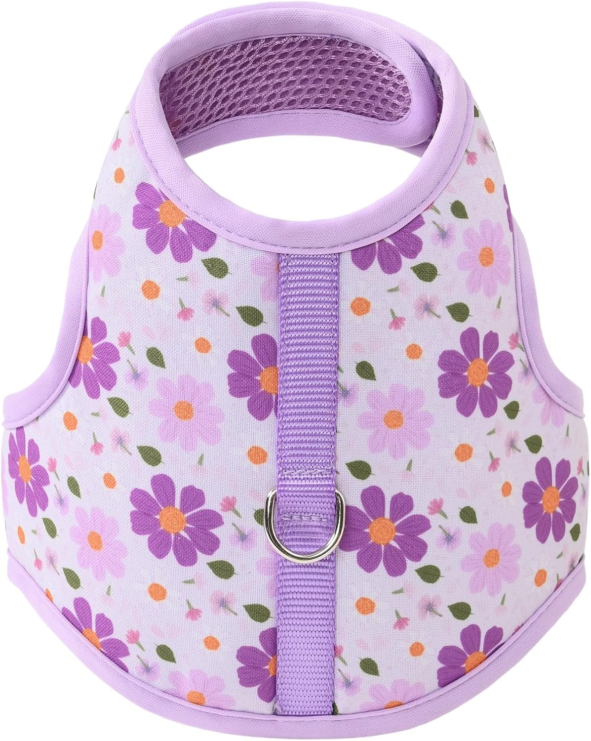 Small dog wearing Mile High Life floral mesh vest harness
