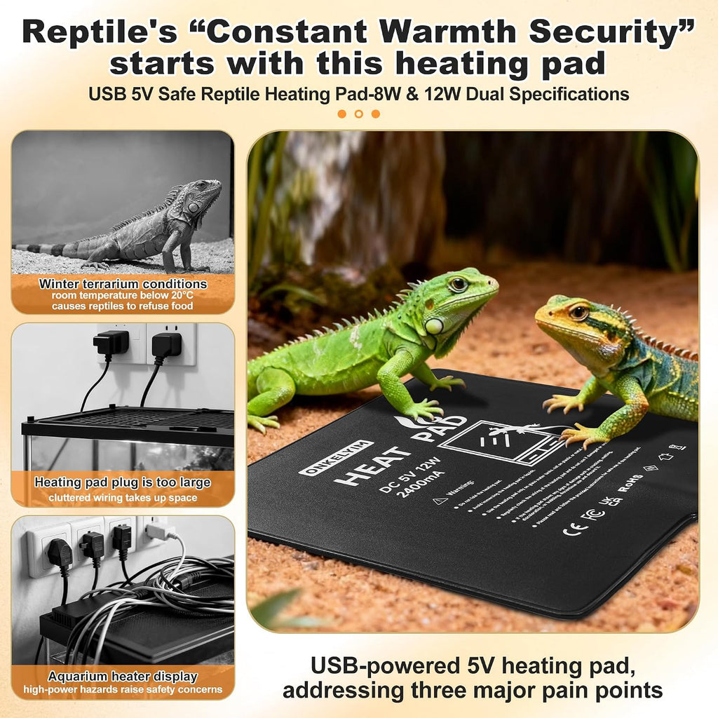 ONKELYIM reptile heating pad being powered via a standard USB adapter setup for a small snake vivarium.