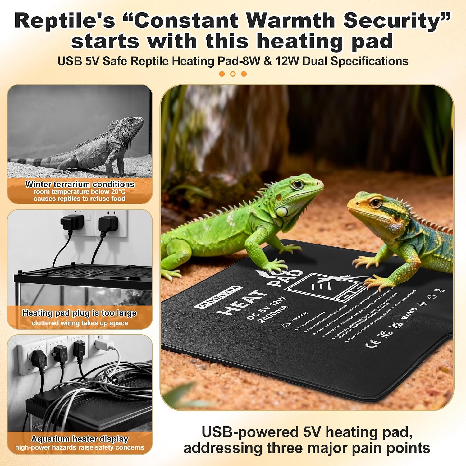 ONKELYIM reptile heating pad being powered via a standard USB adapter setup for a small snake vivarium.