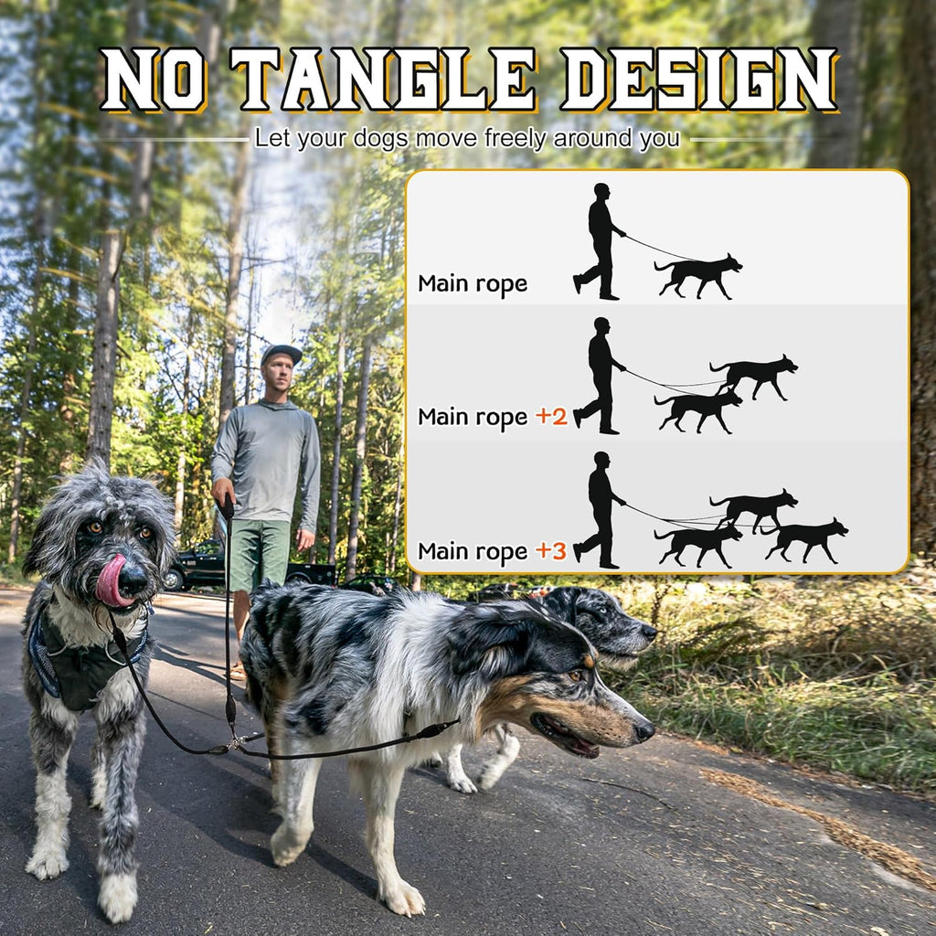 Reflective safety stitching detail on the Mengbei Tribe multi-pet training leash.