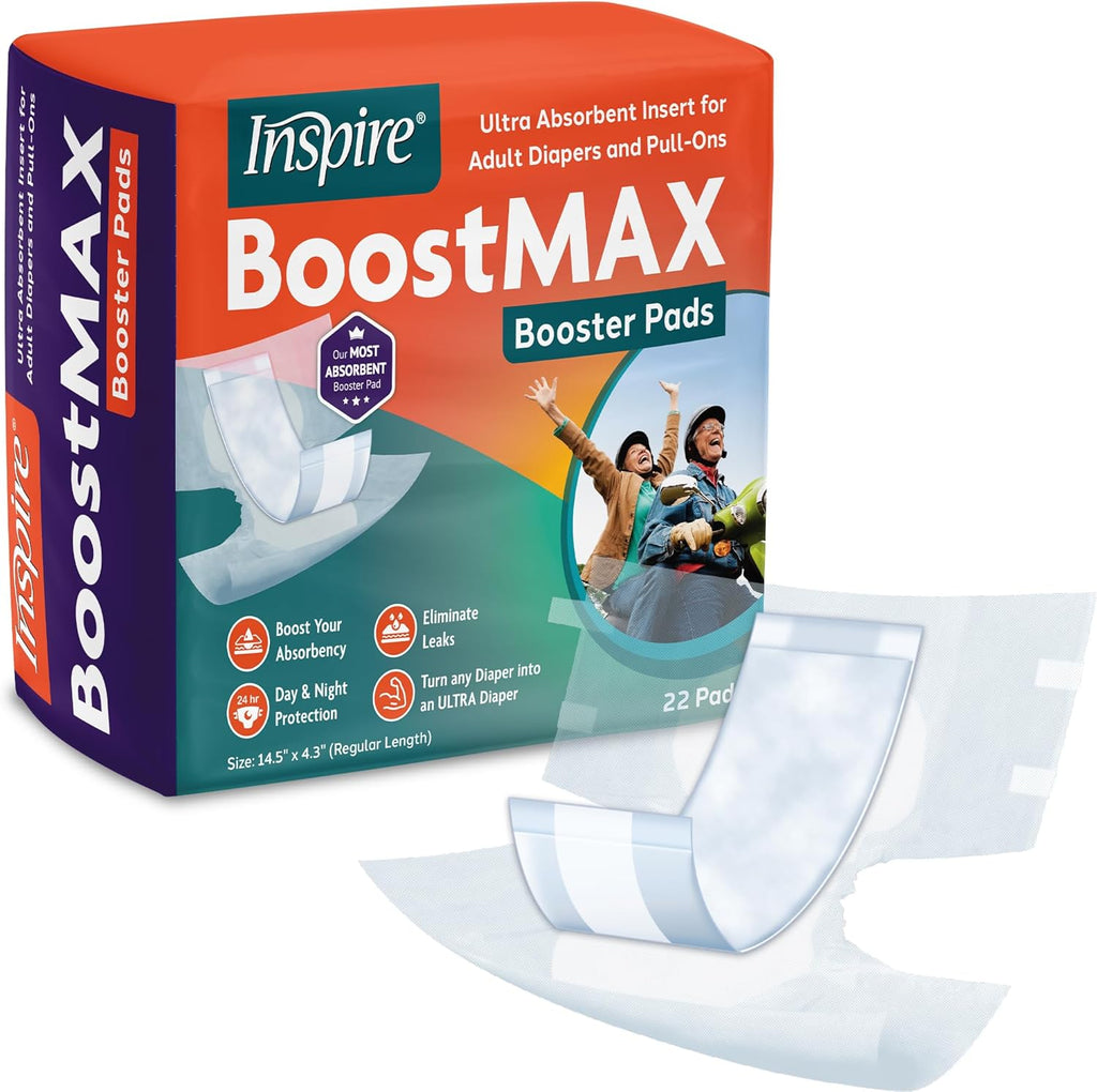 Inspire Incontinence Booster Pads front packaging view showing super absorbent 22 count pack.