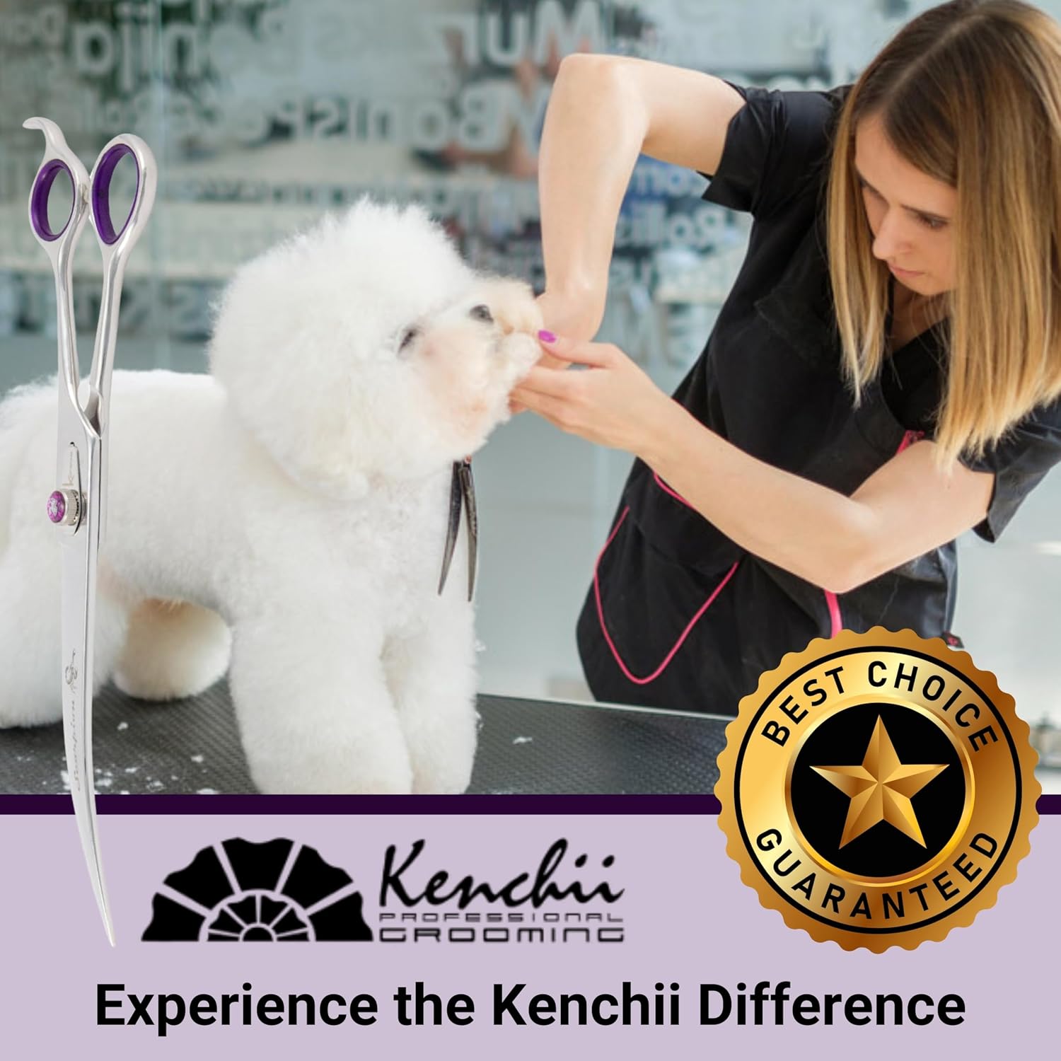 Kenchii professional dog grooming scissors package including the premium blade oil and removable inserts.