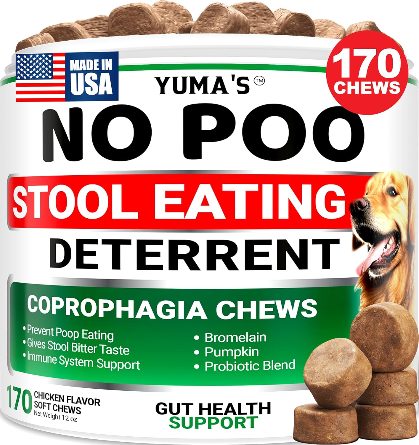Yuma's 170 count dog urine neutralizer chews on a wooden surface