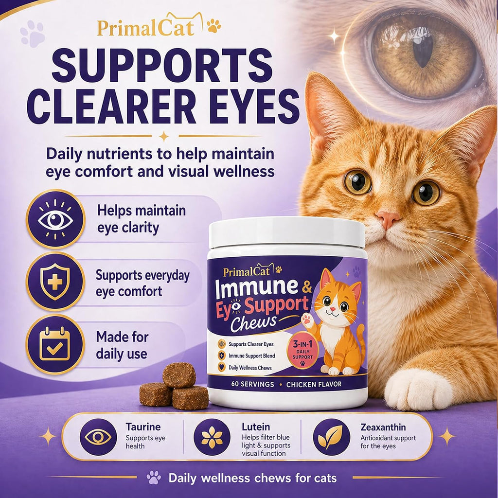 PrimalCat daily cat wellness supplement packaging detailing L-Lysine and Taurine content