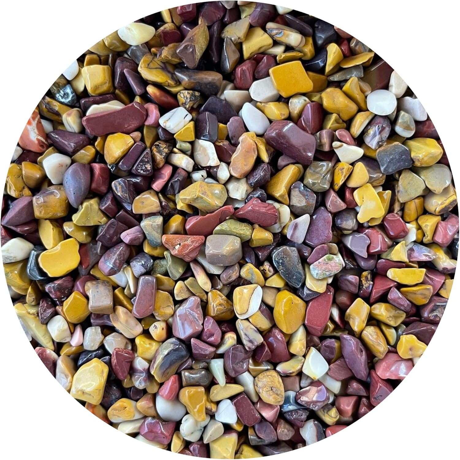 GAF TREASURES natural semi tumbled mookaite gemstone chips front view showing colorful crushed mini crystals.