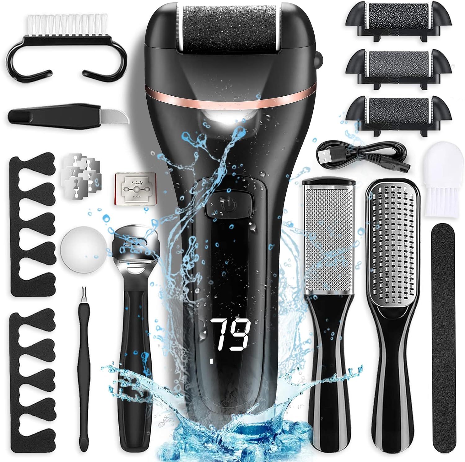 Otazwa electric foot callus remover with 3 roller heads front view