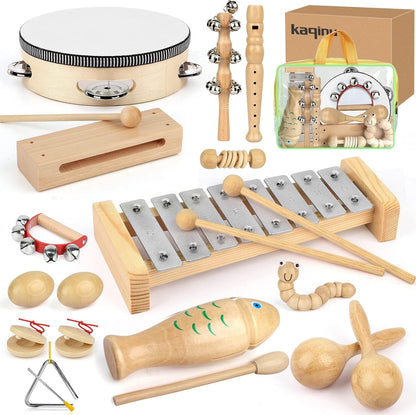 KAQINU kids musical instruments set front view showing twenty three pieces of natural wooden toys