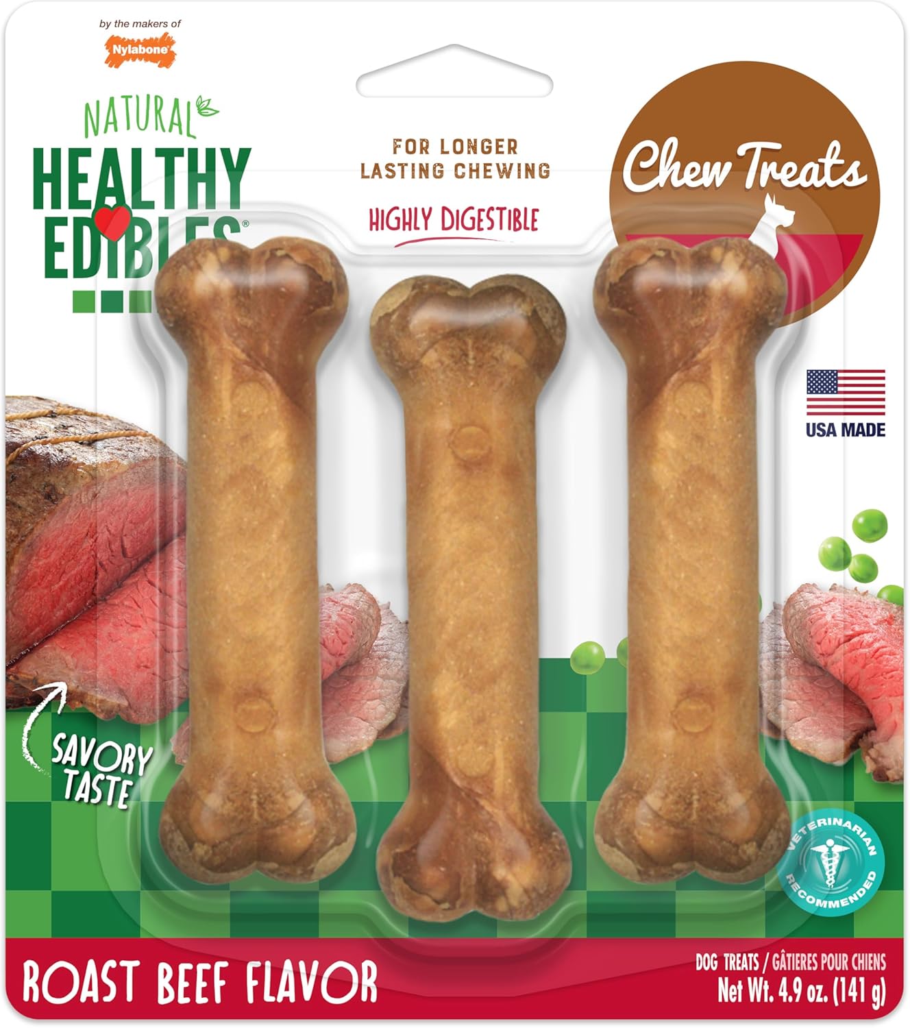 Nylabone Healthy Edibles Natural Dog Chews, Long Lasting Bones for Dogs, Roast Beef, Chicken & Bacon Flavor Dog Treats, Small (3 Count) - Image 14
