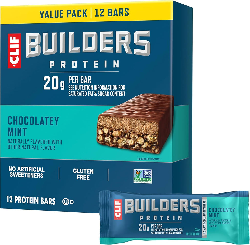 CLIF BUILDERS Protein Bars - Chocolatey Mint - 20g Plant Based Protein - Gluten Free - Non-GMO - Low Glycemic - No Artificial Sweeteners - 2.4 oz. (12 Pack) - Image 1