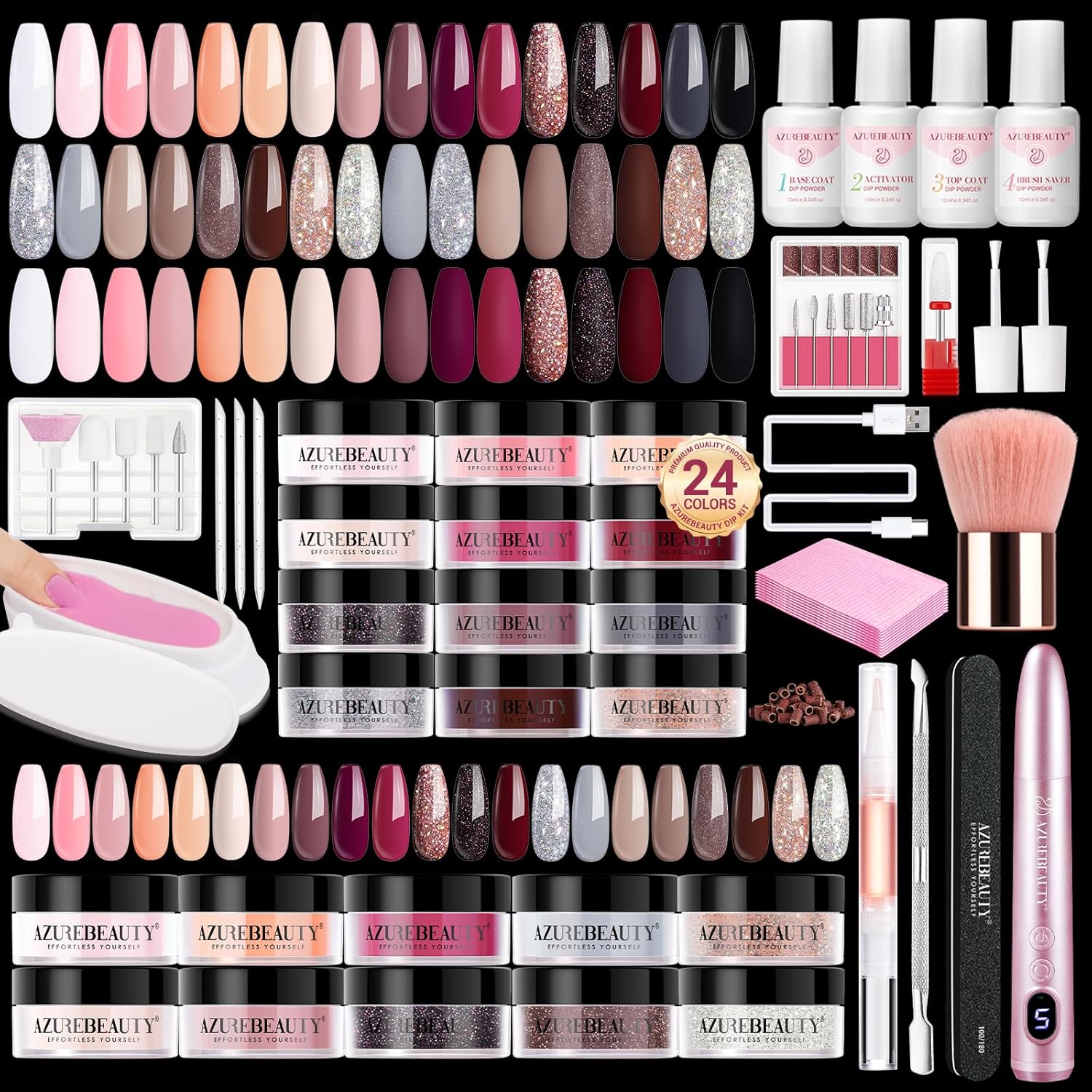 AzureBeauty dip powder nail kit featuring 24 colors and a portable electric nail drill