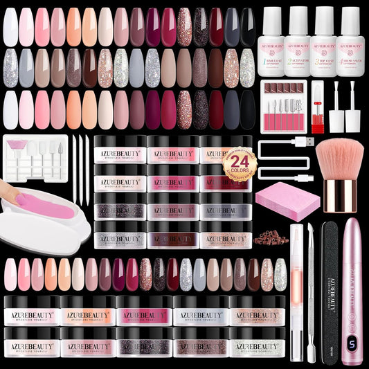 AzureBeauty dip powder nail kit featuring 24 colors and a portable electric nail drill