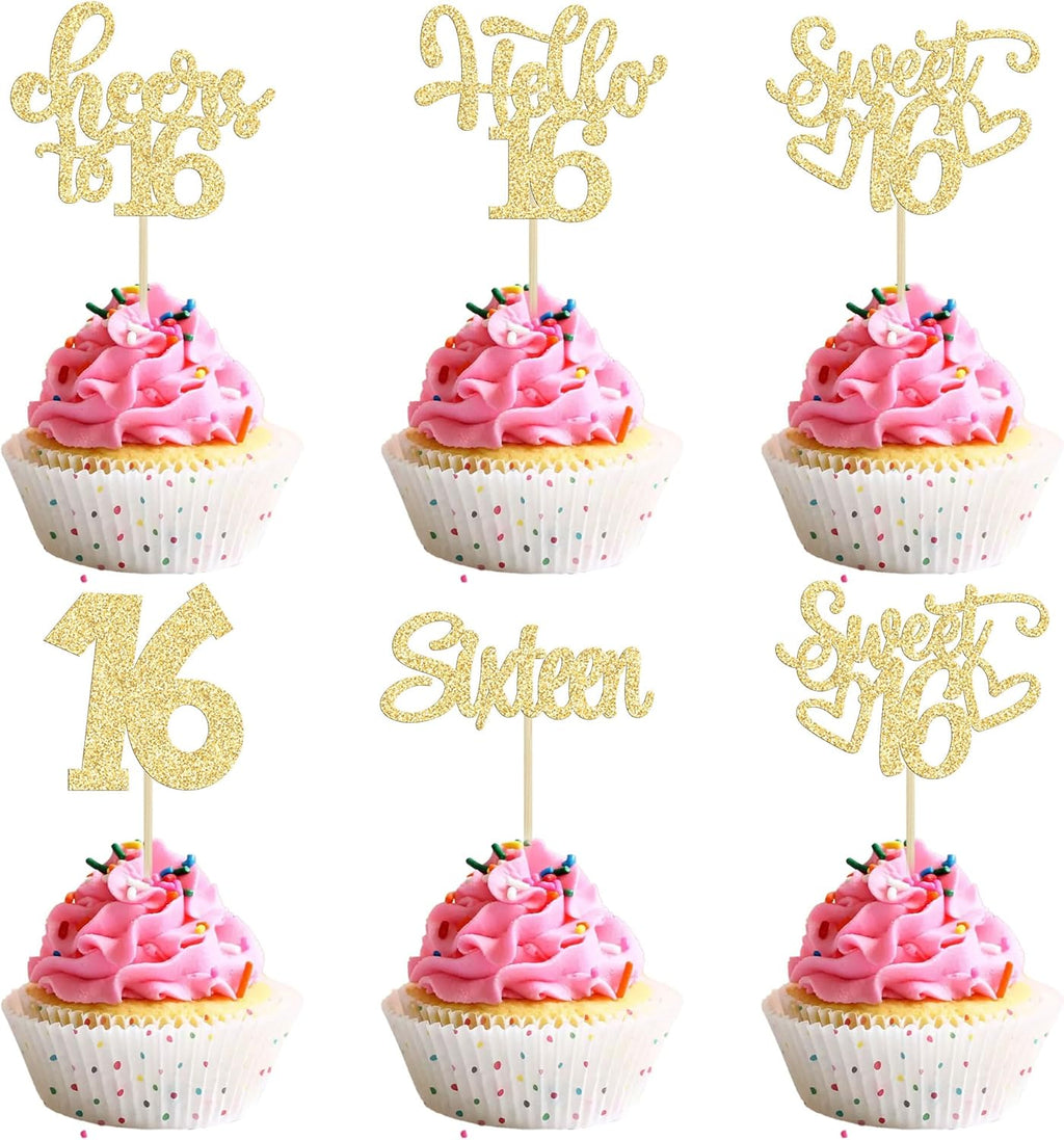 Gyufise 16th birthday cupcake toppers gold glitter front view