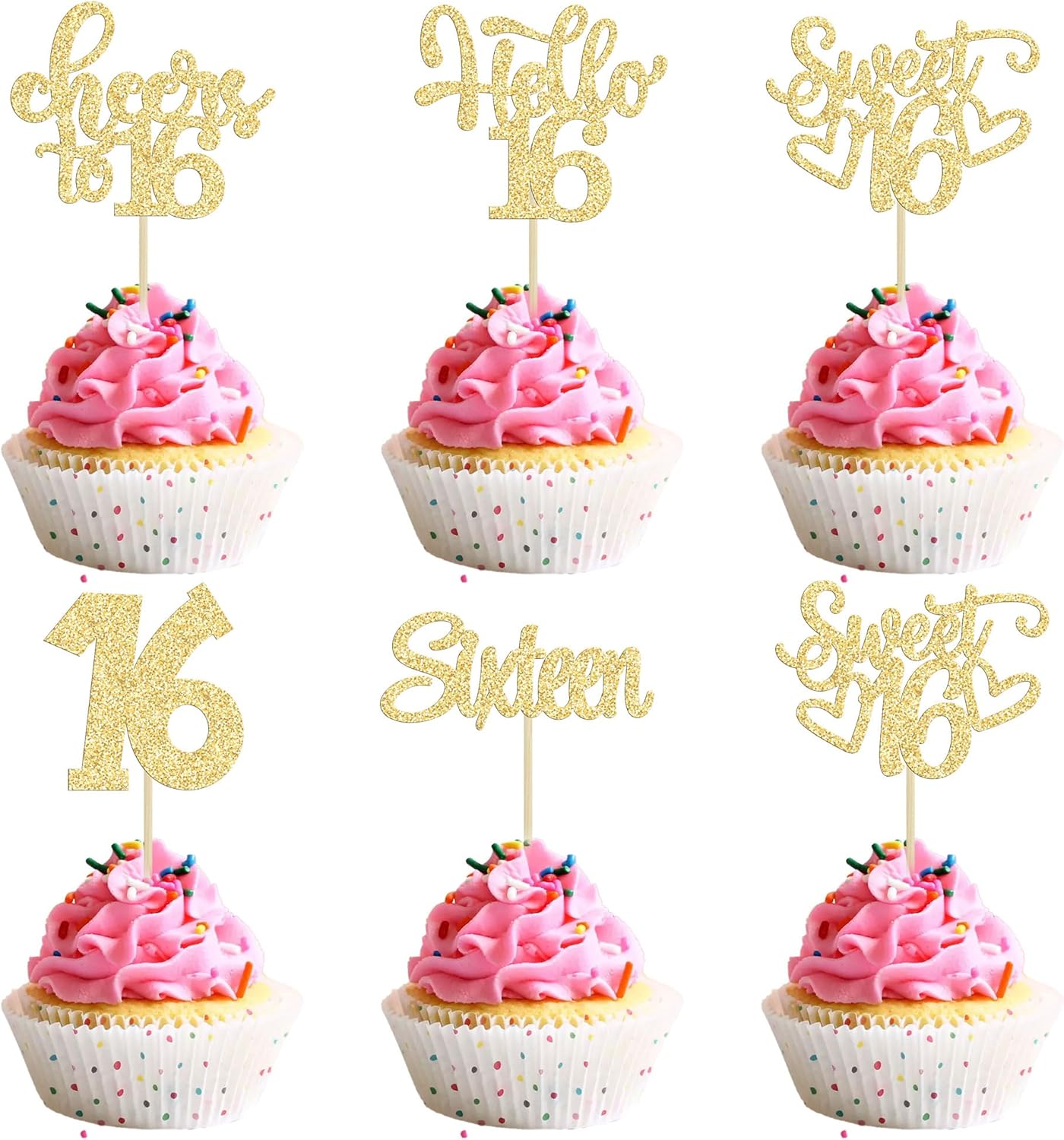 Gyufise 16th birthday cupcake toppers gold glitter front view
