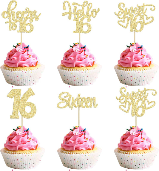 Gyufise 16th birthday cupcake toppers gold glitter front view