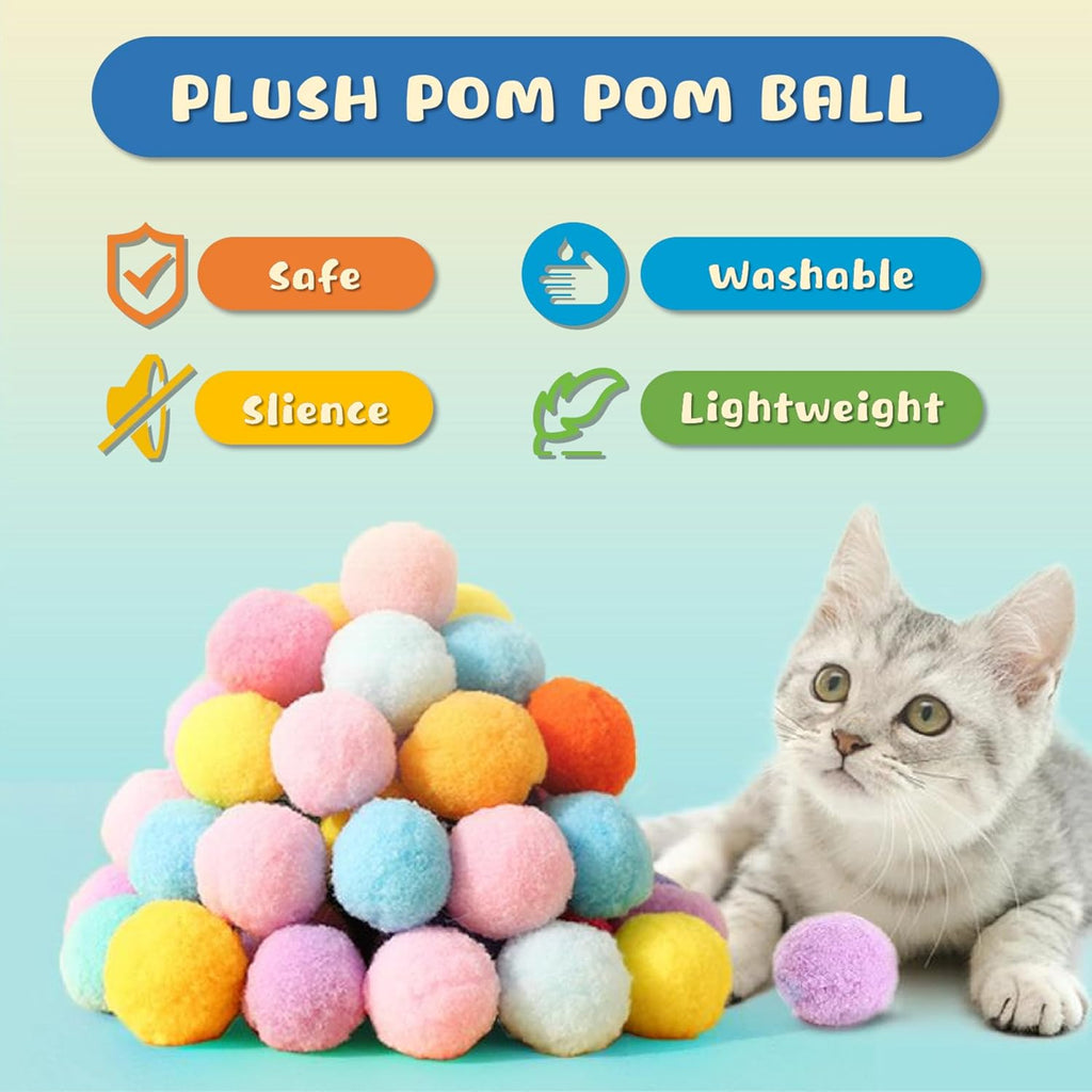 Close up of 30 piece colorful plush cat toy balls for indoor play