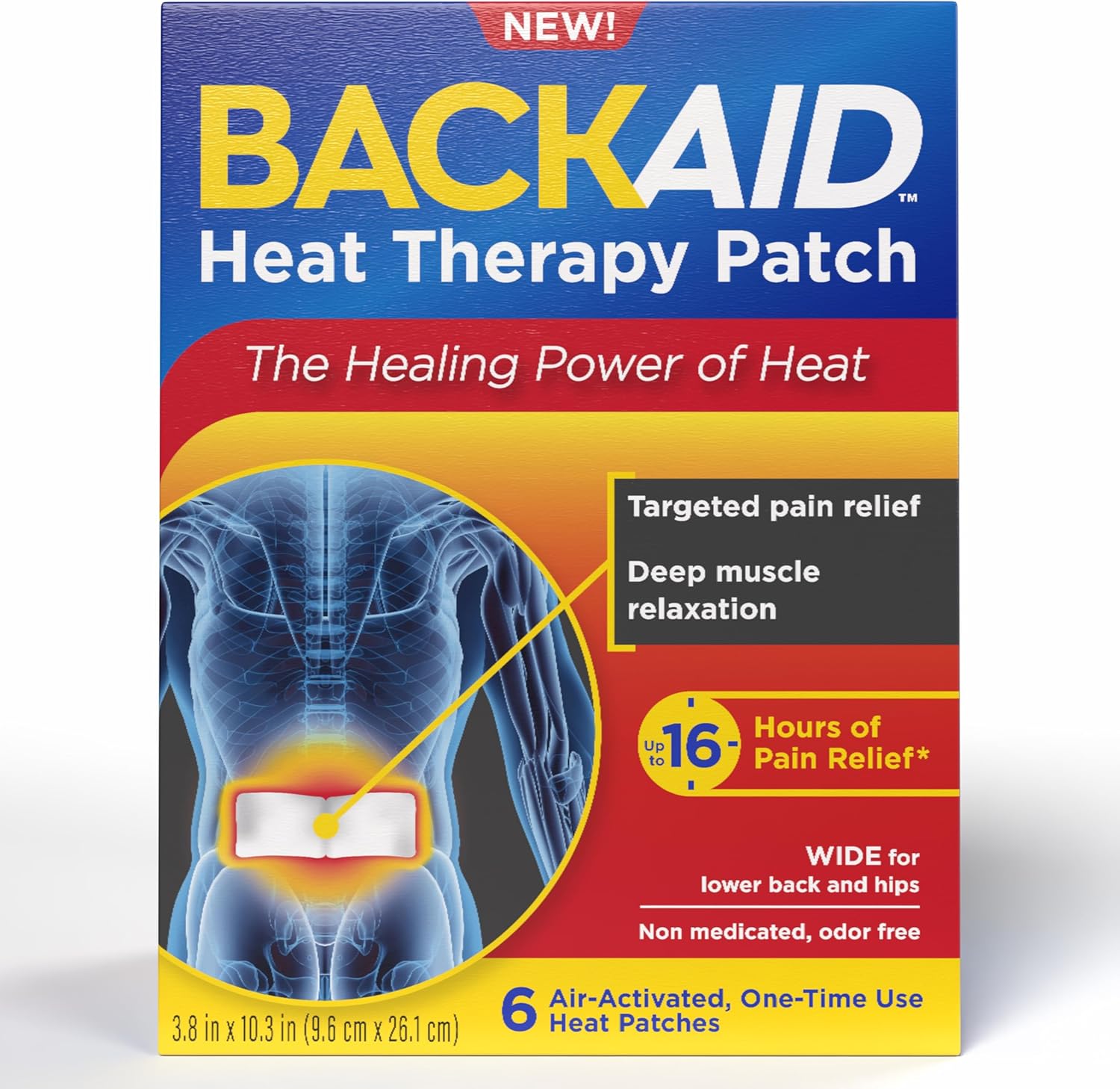 Backaid Heat Therapy Patch front view showing the 6 count packaging for back and hip pain relief.