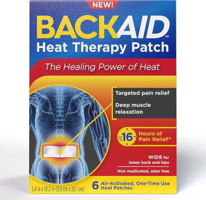 Backaid Heat Therapy Patch front view showing the 6 count packaging for back and hip pain relief.