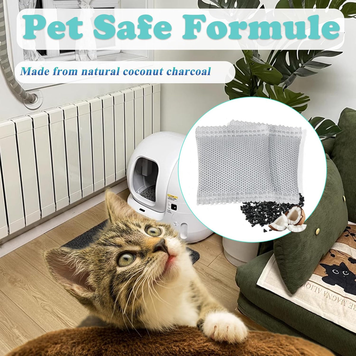 NewKe natural activated charcoal cat litter deodorizer pack displayed with individual seals.